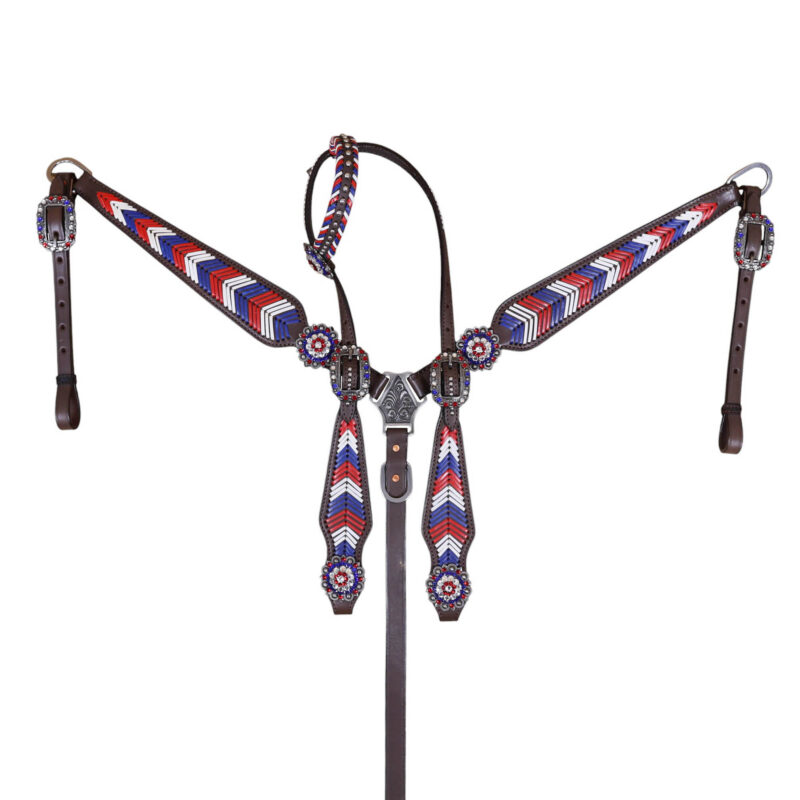 Western Leather Headstall and Breast Collar tack Set decorated with American Flag tree   (HSBM 114403) - Image 7