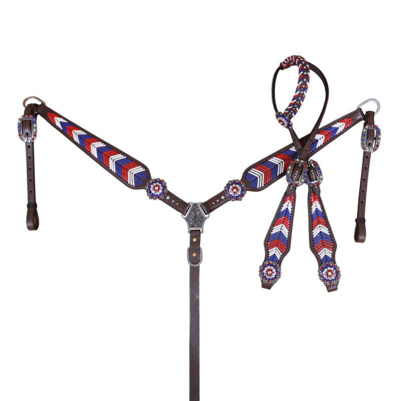 Western Leather Headstall and Breast Collar tack Set decorated with American Flag tree   (HSBM 114403) - Image 8