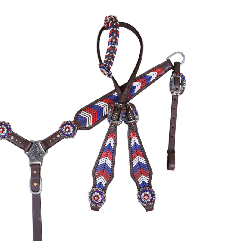 Western Leather Headstall and Breast Collar tack Set decorated with American Flag tree   (HSBM 114403) - Image 9