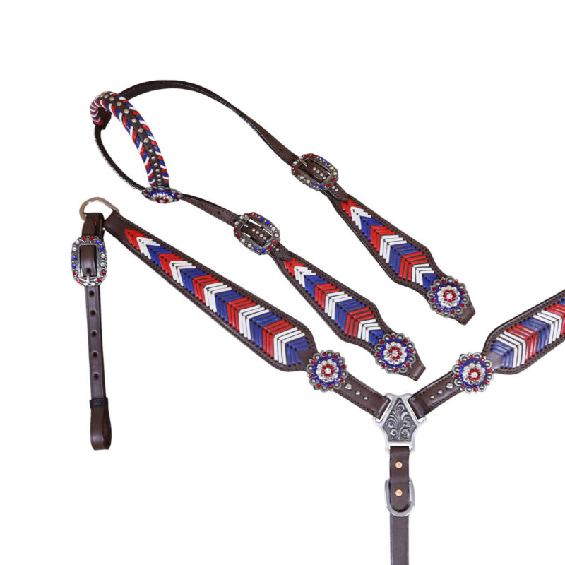 Western Leather Headstall and Breast Collar tack Set decorated with American Flag tree   (HSBM 114403) - Image 3