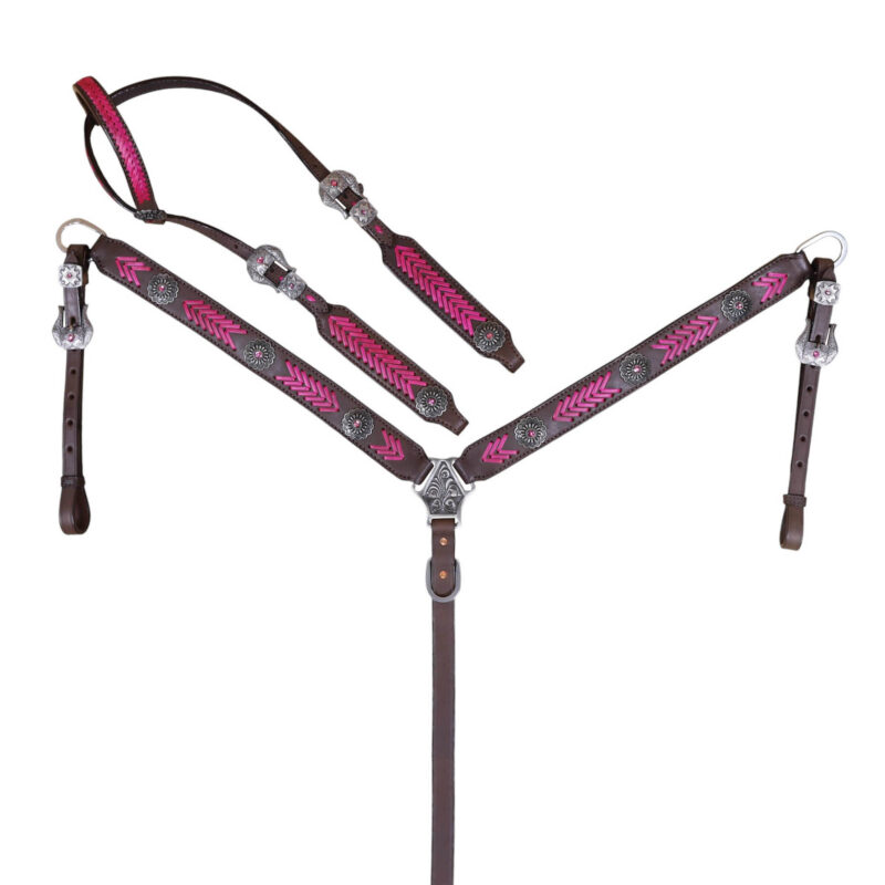 Western Leather Headstall and Breast Collar tack Set decorated with Aztec print inlay style breast collar with raw hide buck stitching on check piece, Breast collar and one ear